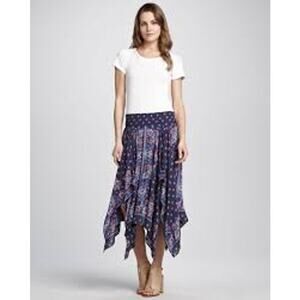 Free People Printed Flyaway Skirt Boho Paisley Blue & Pink Medium